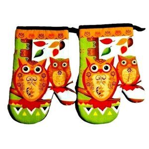 Autumn Owls on Branch Oven Mitts 2-Piece Fall Leaves Holiday Brown White Orange